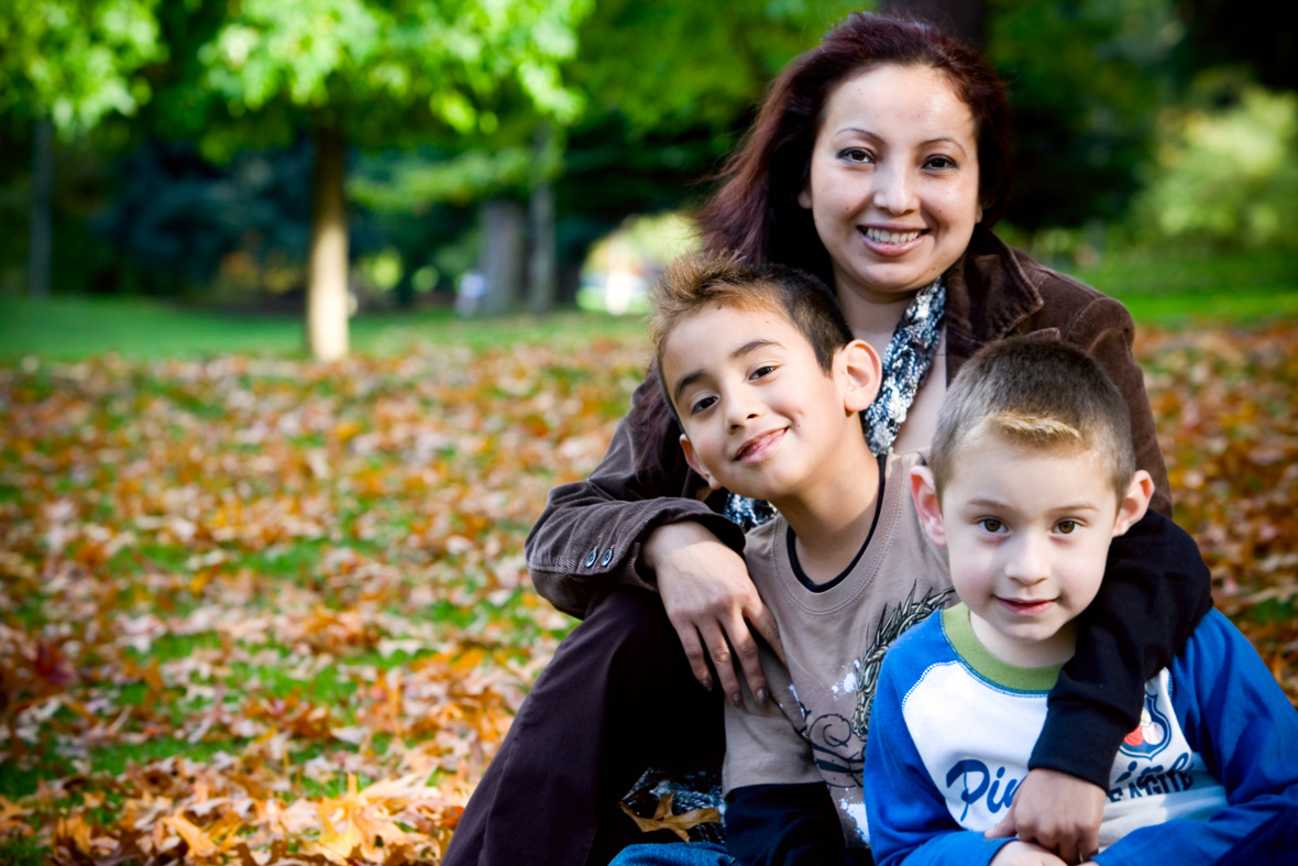 Autumn Day, Hispanic Family, Single Mom with Two Sons, Copyspace